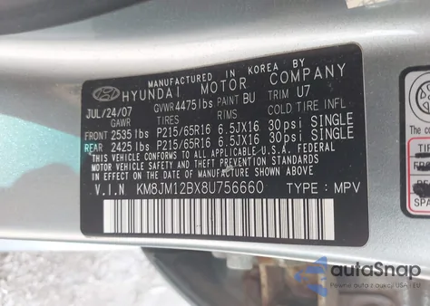 2008 Hyundai Tucson Gls z USA, uszkodzony, nr VIN KM8JM12BX8U756660